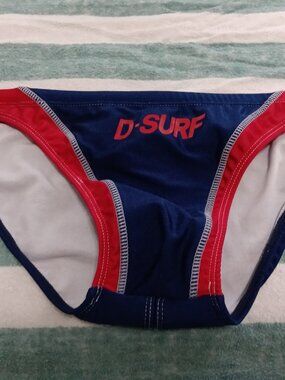 VINTAGE DESMIIT 1" SWIM BRIEF, BLUE AND RED, SIZE "S" (30"-32') - Pre-Owned